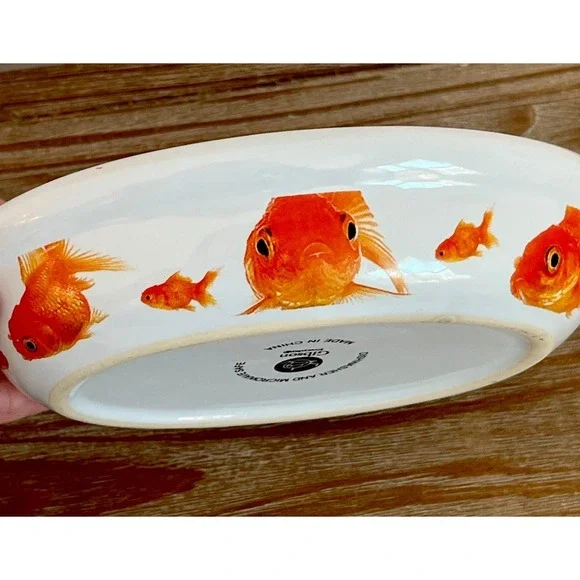 Gibson Goldfish Koi Oval Trinket Soap Cat Food Ceramic Bowl Dish 6 1/2" X 5" EUC - Picture 4 of 6